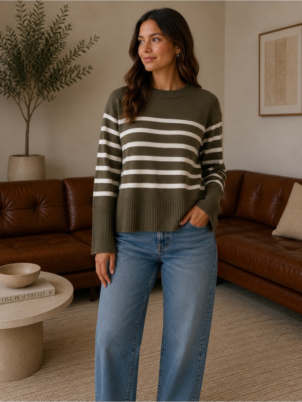 Olive & White Striped Crewneck Sweater